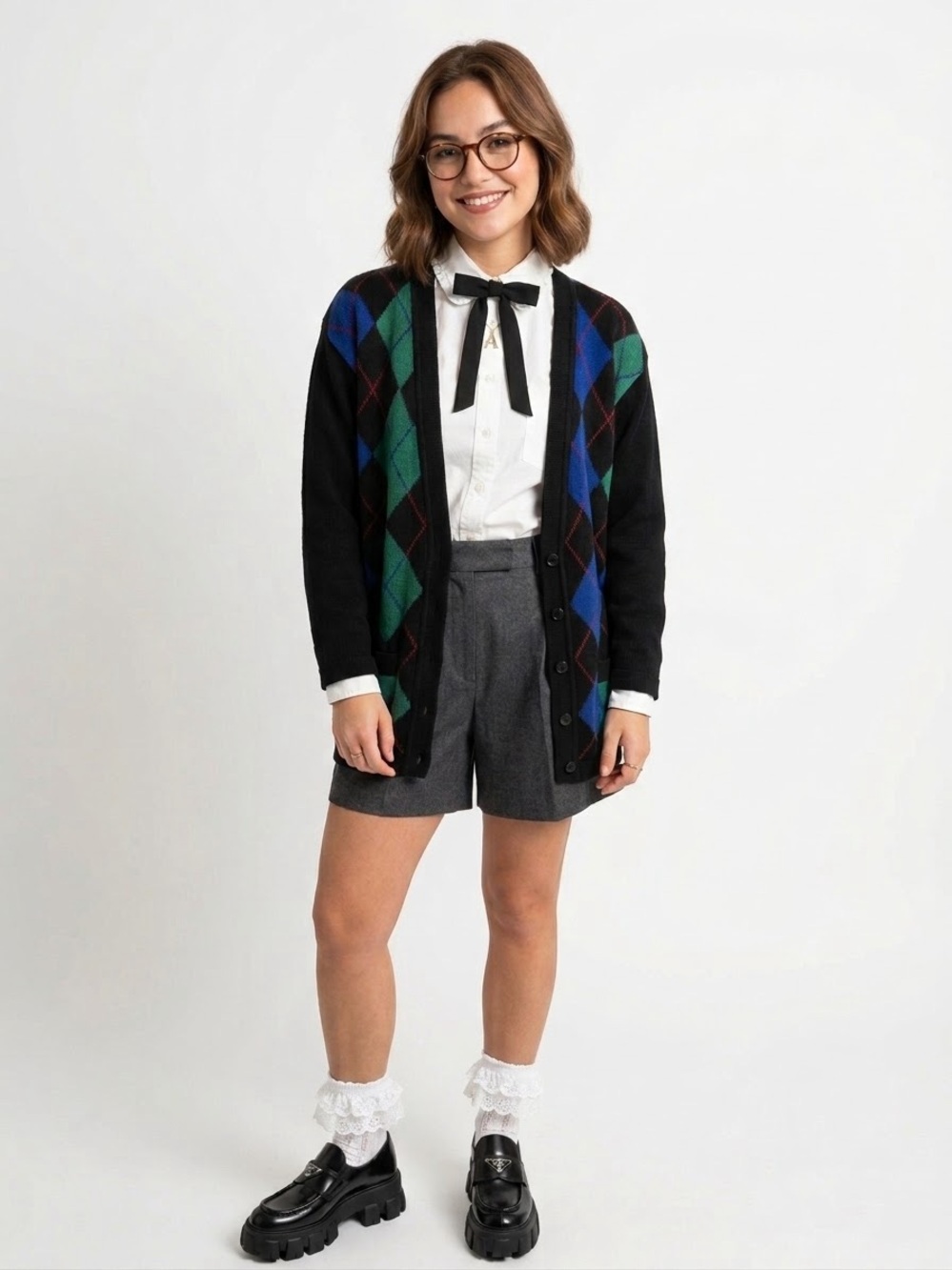 Vintage Nordstrom Petite Focus 100% Merino Wool Argyle Cardigan Sweater Small P